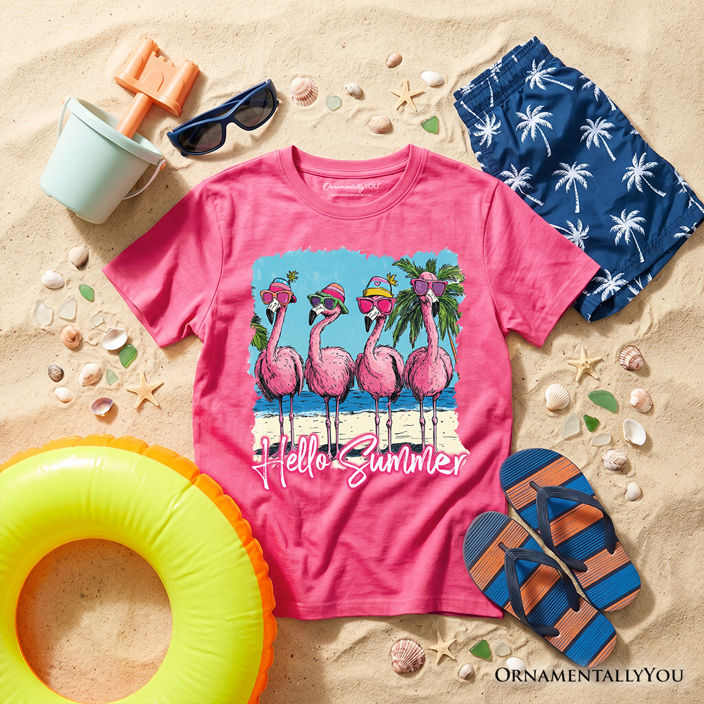 Kids Flamingo Hello Summer T-Shirt, Tropical Beach Vacation Youth Tee