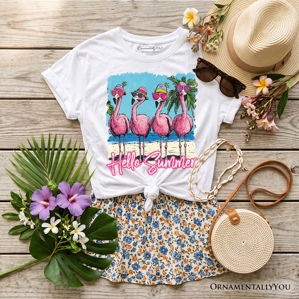 Kids Flamingo Hello Summer T-Shirt, Tropical Beach Vacation Youth Tee