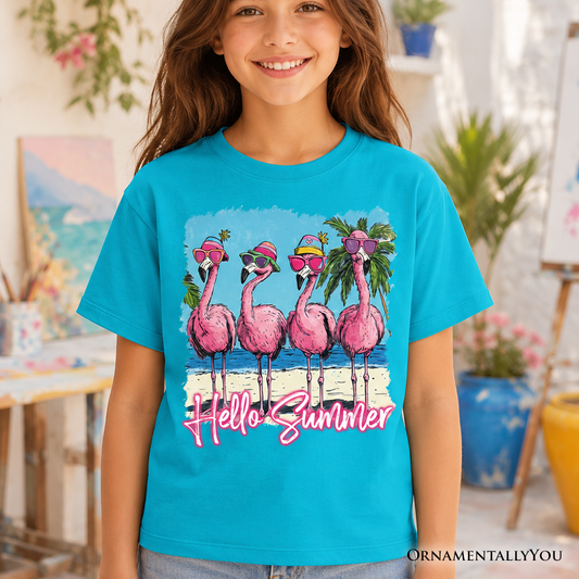 Kids Flamingo Hello Summer T-Shirt, Tropical Beach Vacation Youth Tee