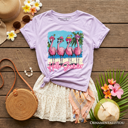 Kids Flamingo Hello Summer T-Shirt, Tropical Beach Vacation Youth Tee