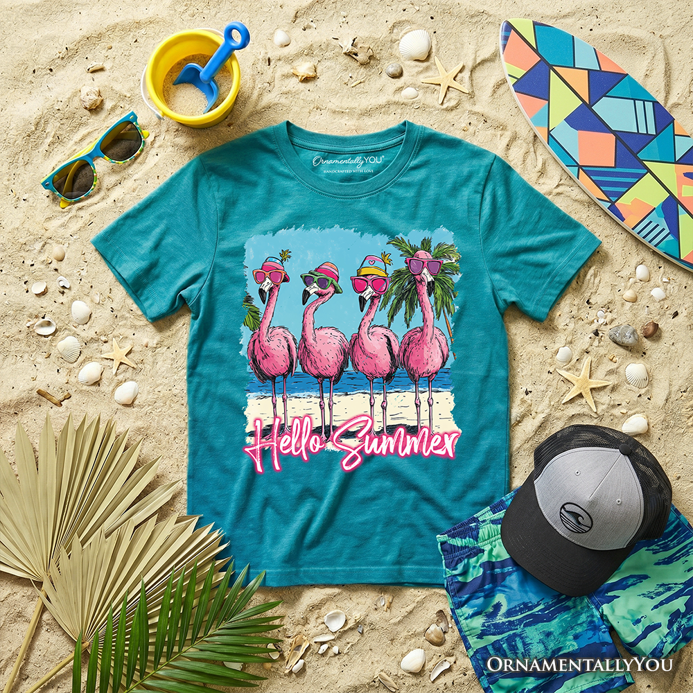 Kids Flamingo Hello Summer T-Shirt, Tropical Beach Vacation Youth Tee