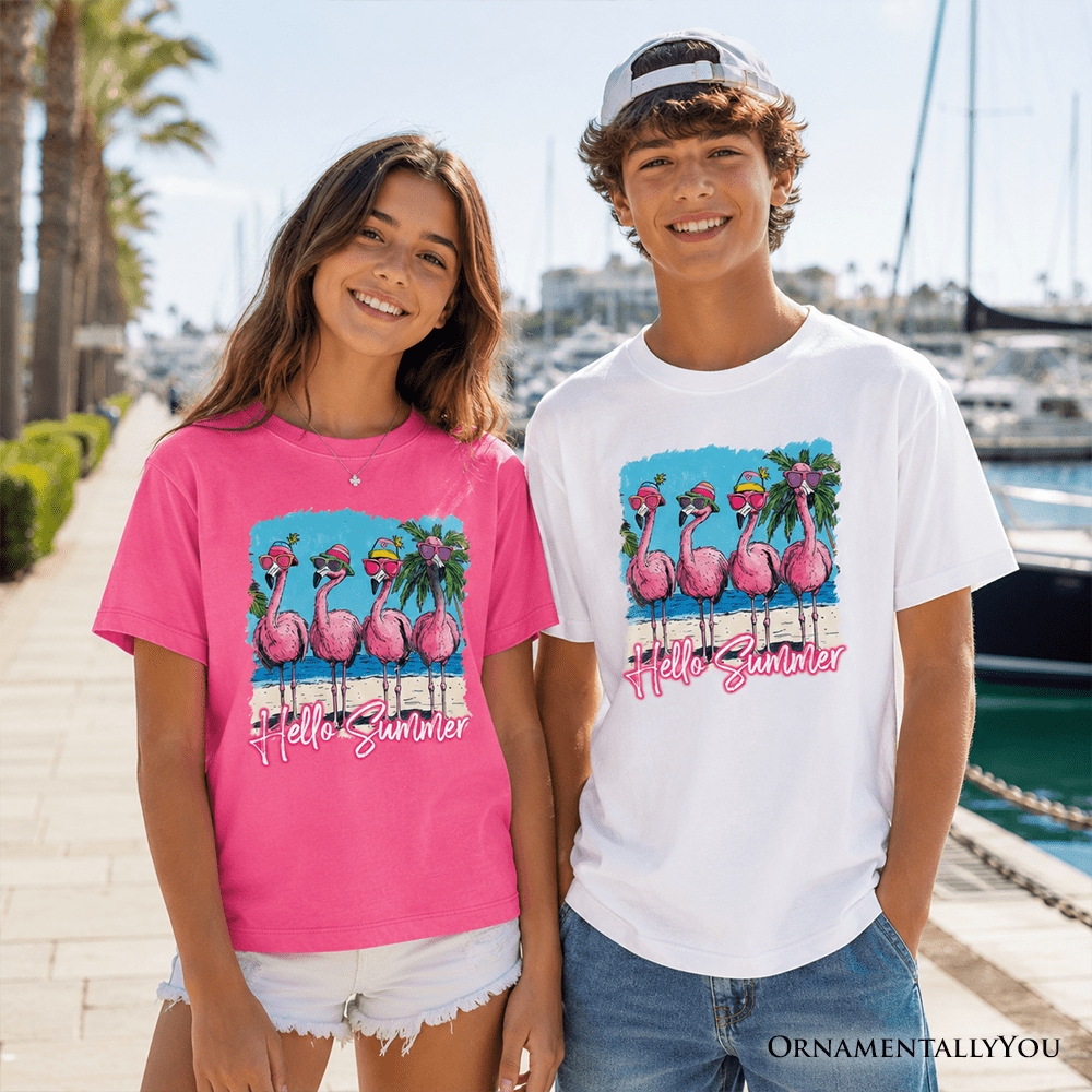 Kids Flamingo Hello Summer T-Shirt, Tropical Beach Vacation Youth Tee