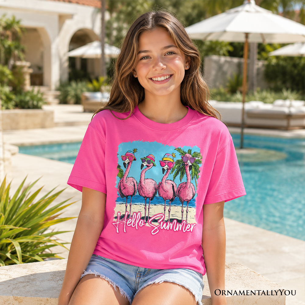 Kids Flamingo Hello Summer T-Shirt, Tropical Beach Vacation Youth Tee