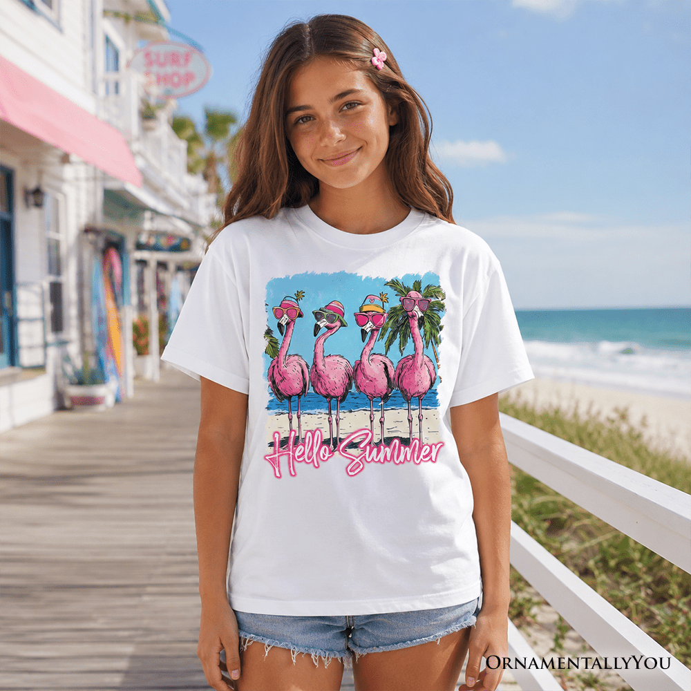 Kids Flamingo Hello Summer T-Shirt, Tropical Beach Vacation Youth Tee