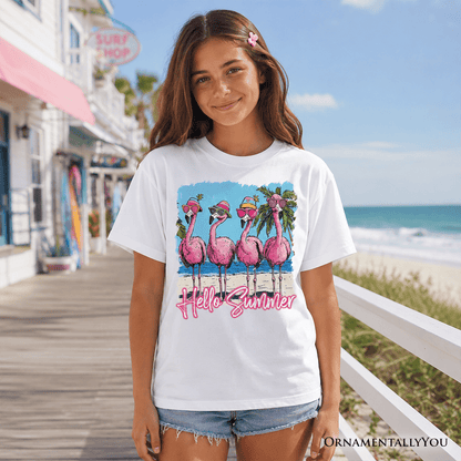 Kids Flamingo Hello Summer T-Shirt, Tropical Beach Vacation Youth Tee