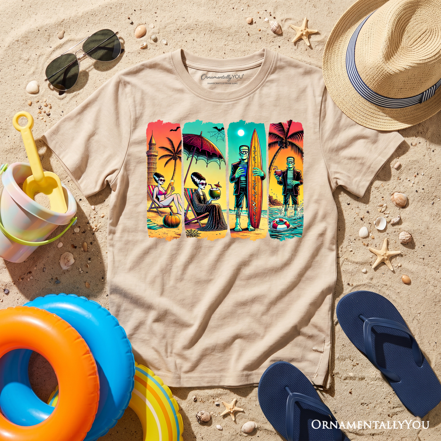 Kids Frankenstein's Beach Vacation T-Shirt, Retro Neon Surf Style Tee for Horror Youth Fans with Summer Vibes