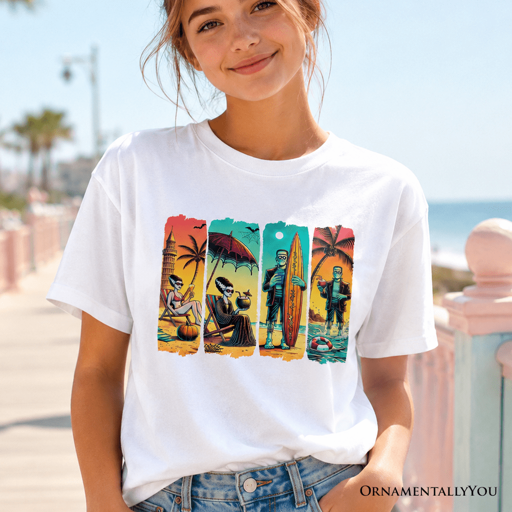 Kids Frankenstein's Beach Vacation T-Shirt, Retro Neon Surf Style Tee for Horror Youth Fans with Summer Vibes
