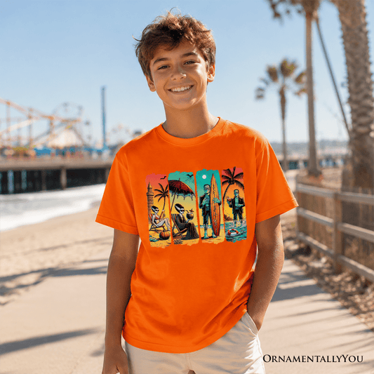 Kids Frankenstein's Beach Vacation T-Shirt, Retro Neon Surf Style Tee for Horror Youth Fans with Summer Vibes