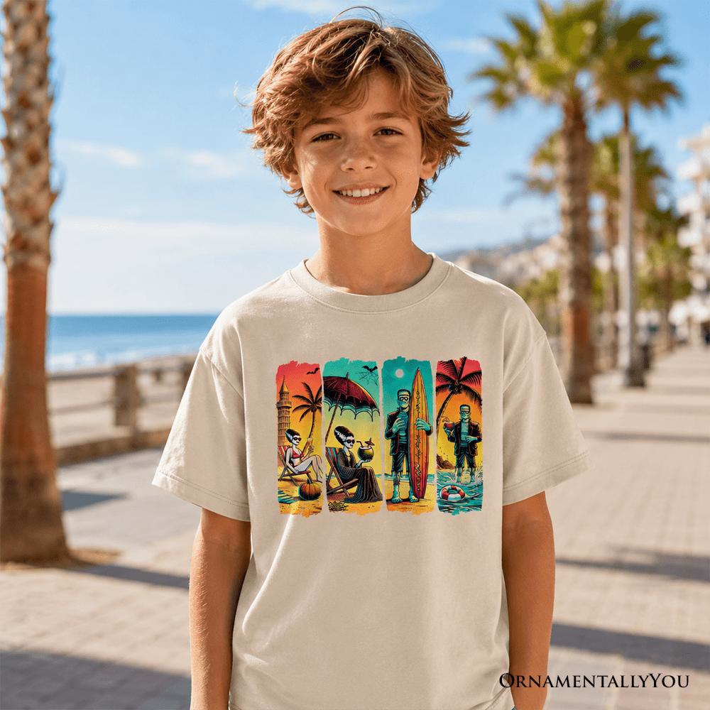 Kids Frankenstein's Beach Vacation T-Shirt, Retro Neon Surf Style Tee for Horror Youth Fans with Summer Vibes
