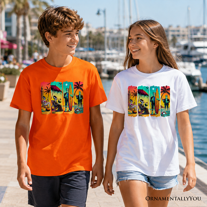 Kids Frankenstein's Beach Vacation T-Shirt, Retro Neon Surf Style Tee for Horror Youth Fans with Summer Vibes