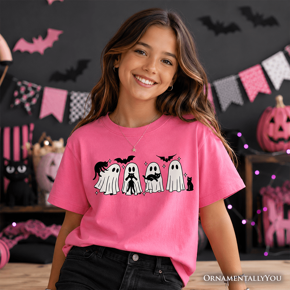 Kids Ghosts and Cats Spooky T-Shirt, Whimsical Halloween Tee for Youth