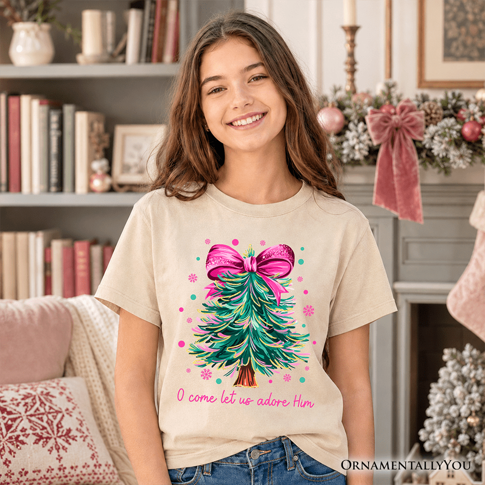 Kids Glitter Christmas Tree Coquette Bow T-Shirt, O Come Let Us Adore Him Holiday Youth Tee