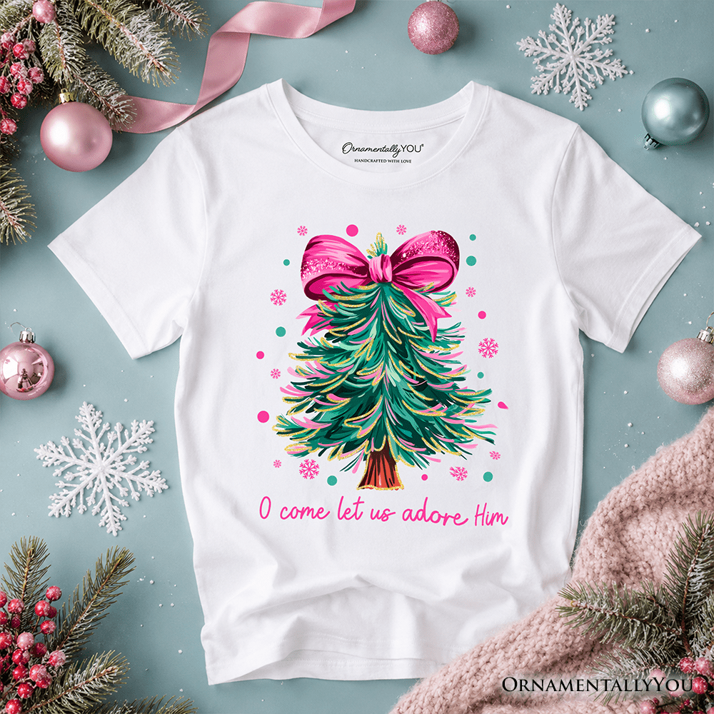 Kids Glitter Christmas Tree Coquette Bow T-Shirt, O Come Let Us Adore Him Holiday Youth Tee