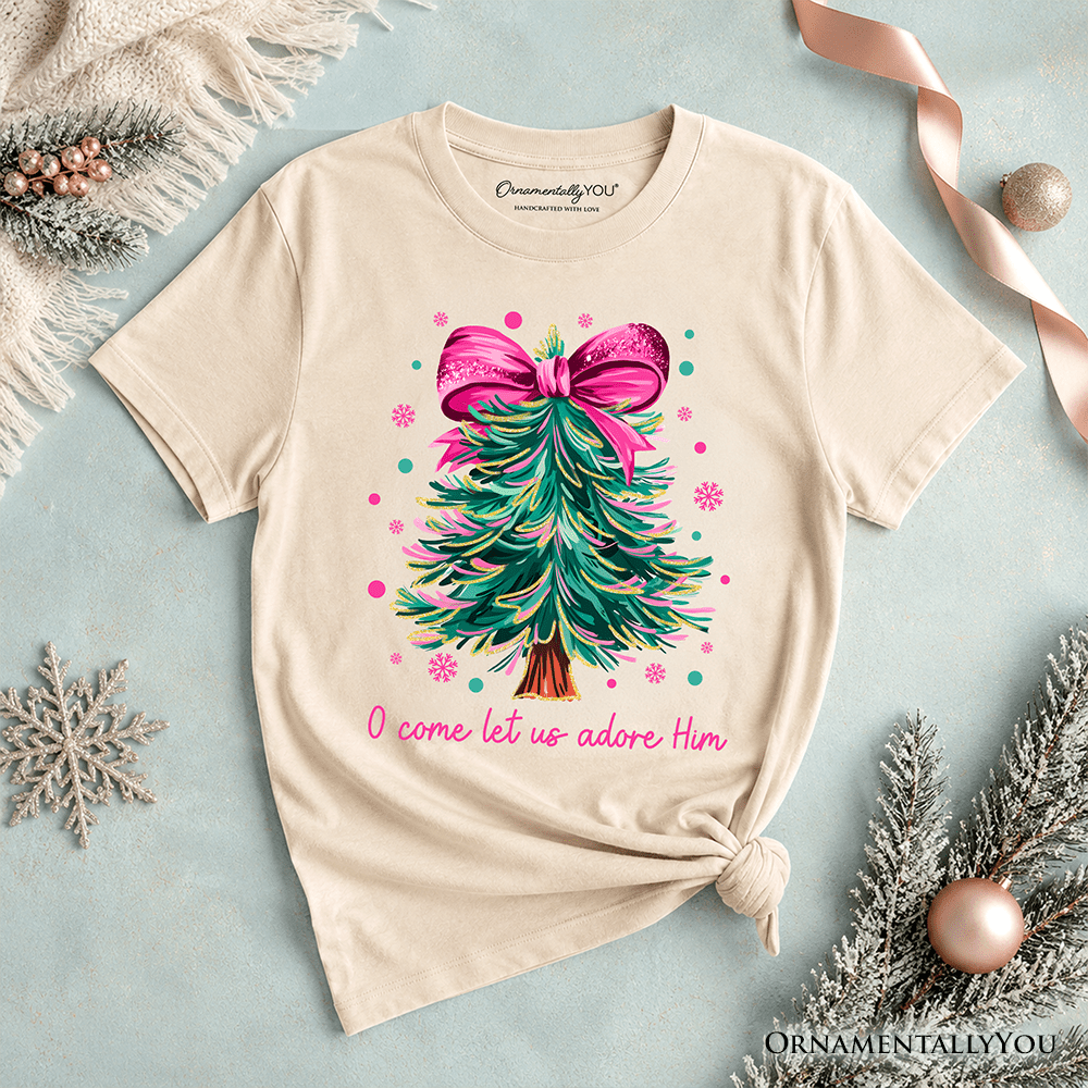 Kids Glitter Christmas Tree Coquette Bow T-Shirt, O Come Let Us Adore Him Holiday Youth Tee