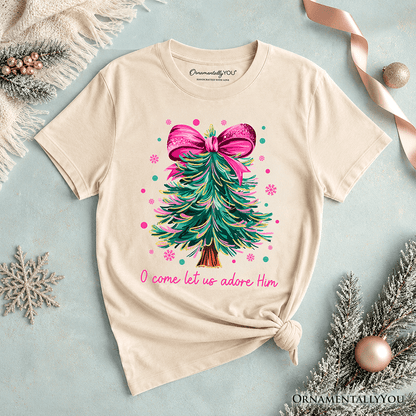 Kids Glitter Christmas Tree Coquette Bow T-Shirt, O Come Let Us Adore Him Holiday Youth Tee