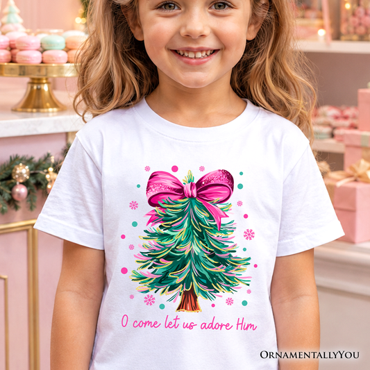 Kids Glitter Christmas Tree Coquette Bow T-Shirt, O Come Let Us Adore Him Holiday Youth Tee