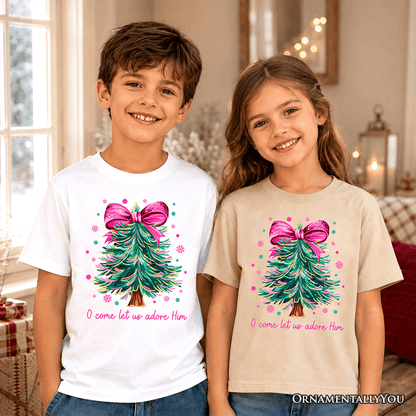 Kids Glitter Christmas Tree Coquette Bow T-Shirt, O Come Let Us Adore Him Holiday Youth Tee
