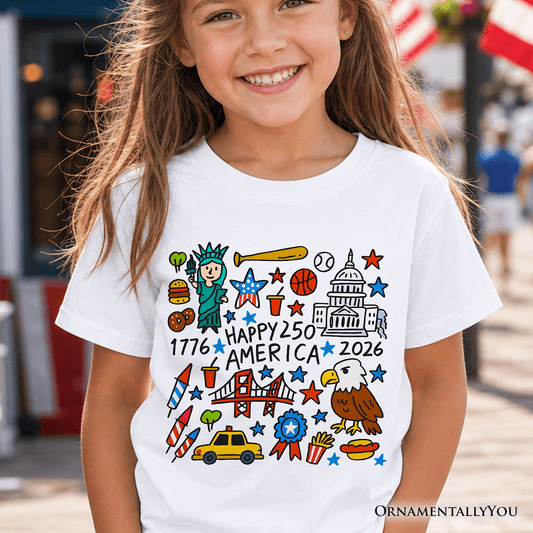 Kids Happy 250 America Doodle T-Shirt, Youth Patriotic USA 1776-2026 250th Anniversary Tee