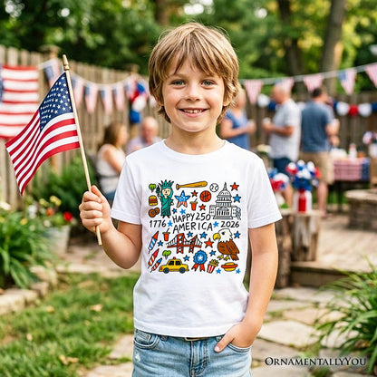 Kids Happy 250 America Doodle T-Shirt, Youth Patriotic USA 1776-2026 250th Anniversary Tee - Shaketea