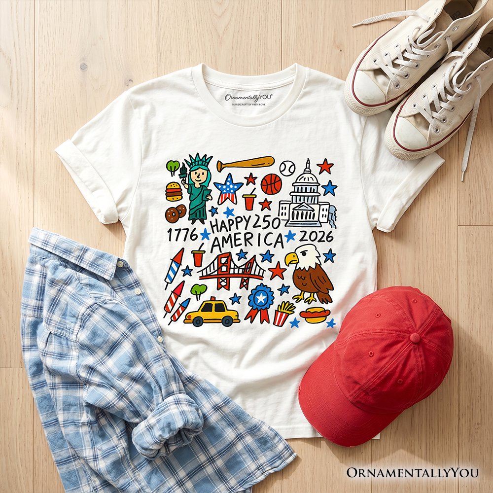 Kids Happy 250 America Doodle T-Shirt, Youth Patriotic USA 1776-2026 250th Anniversary Tee - Shaketea