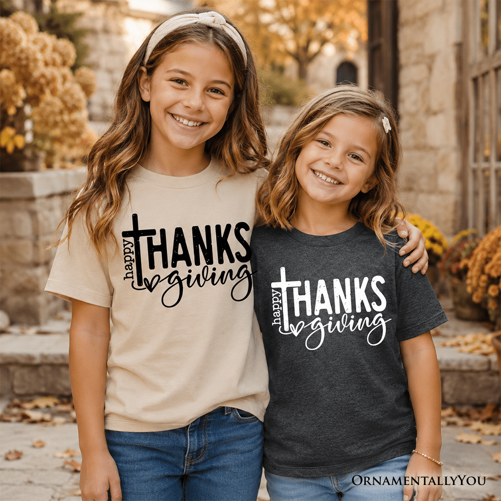Kids Happy Thanksgiving Minimalist T-Shirt, Christian Religious Fall Tee for Youth