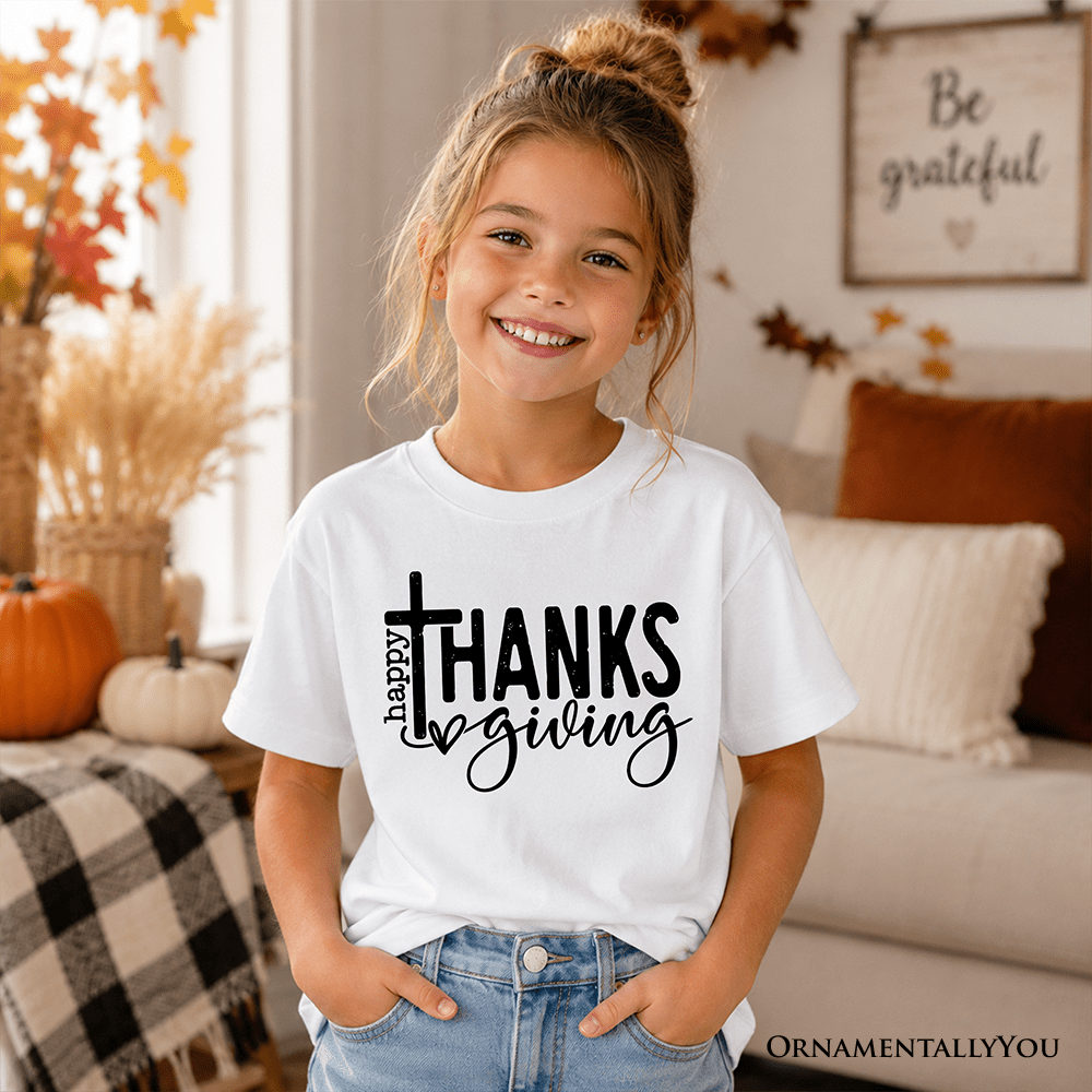Kids Happy Thanksgiving Minimalist T-Shirt, Christian Religious Fall Tee for Youth