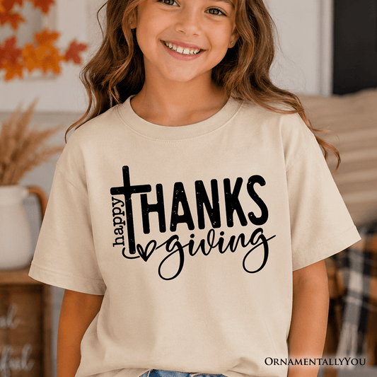 Kids Happy Thanksgiving Minimalist T-Shirt, Christian Religious Fall Tee for Youth