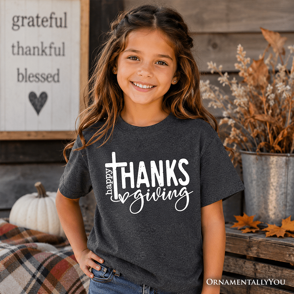 Kids Happy Thanksgiving Minimalist T-Shirt, Christian Religious Fall Tee for Youth