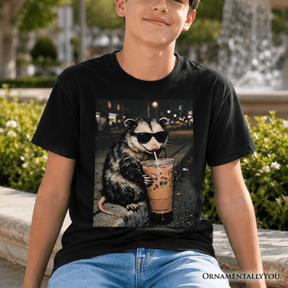 Kids Iced Coffee Opossum T-Shirt, Funny Animal Meme Youth Tee