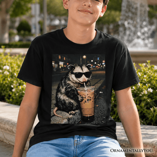 Kids Iced Coffee Opossum T-Shirt, Funny Animal Meme Youth Tee