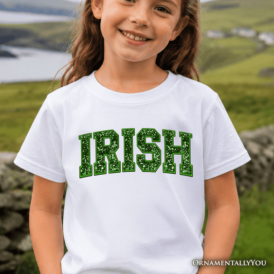 Kids Irish Sequin St Patrick's Day T-Shirt, Festive Green Glitter Imitation Tee for Youth