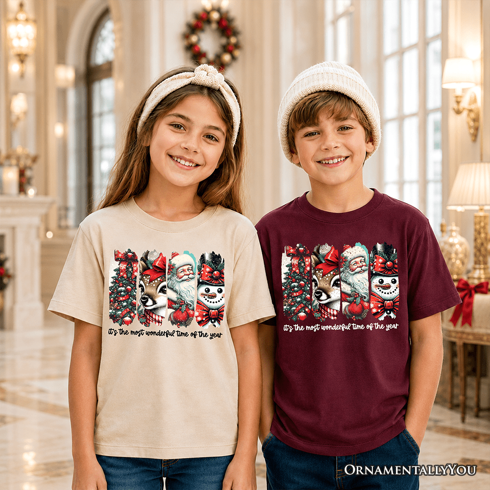 Kids It's Most Wonderful Time Of The Year T-Shirt, Reindeer, Santa, Snowman Vintage Youth Tee for Christmas