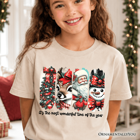 Kids It's Most Wonderful Time Of The Year T-Shirt, Reindeer, Santa, Snowman Vintage Youth Tee for Christmas