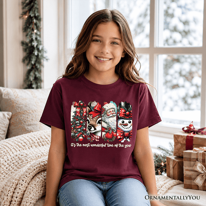 Kids It's Most Wonderful Time Of The Year T-Shirt, Reindeer, Santa, Snowman Vintage Youth Tee for Christmas