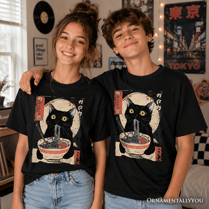 Kids Kawaii Anime Cat Eating Ramen T-Shirt, Noodle Japanese Art Style Tee for Youth