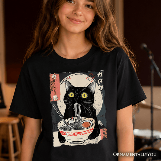 Kids Kawaii Anime Cat Eating Ramen T-Shirt, Noodle Japanese Art Style Tee for Youth