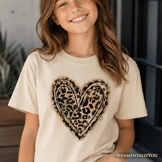Kids Leopard Heart Valentine T-Shirt, Watercolor Love Tee for Youth