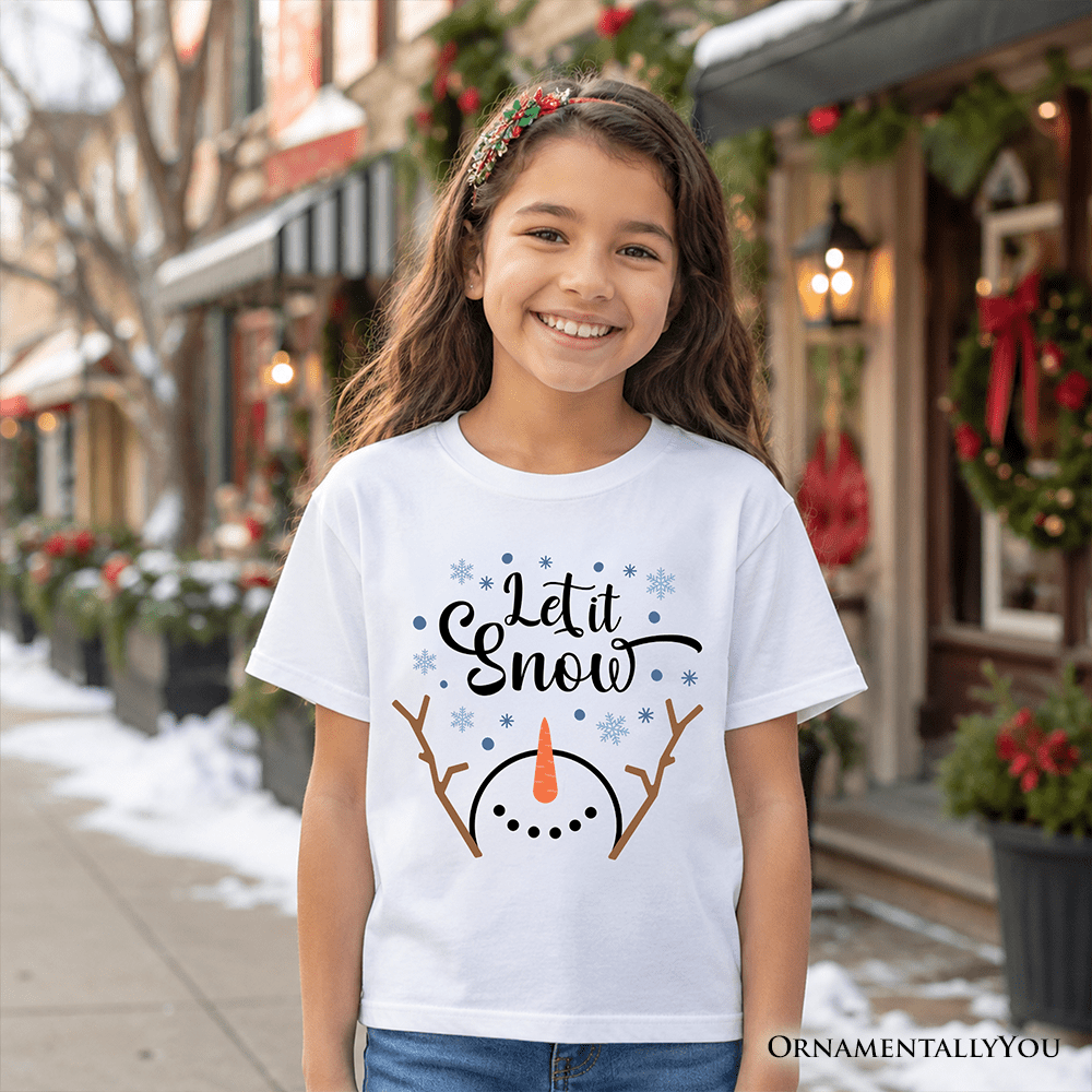 Kids Let It Snow Snowman T-Shirt, Snowflakes Minimalist Youth Tee for Winter Holiday Season