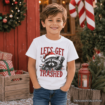 Kids Let's Get Trashed Christmas Raccoon T-Shirt, Funny Youth Tee