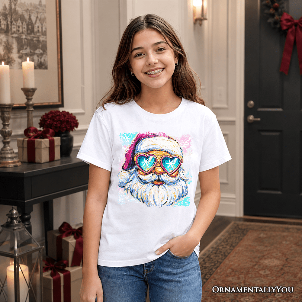 Kids Merry Christmas Santa Sunglasses Christmas T-Shirt, Funky Retro Holiday Youth Tee