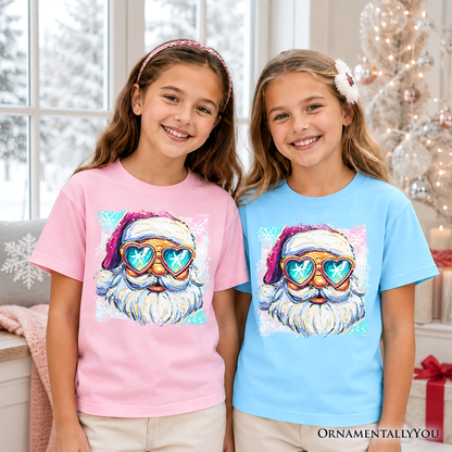 Kids Merry Christmas Santa Sunglasses Christmas T-Shirt, Funky Retro Holiday Youth Tee