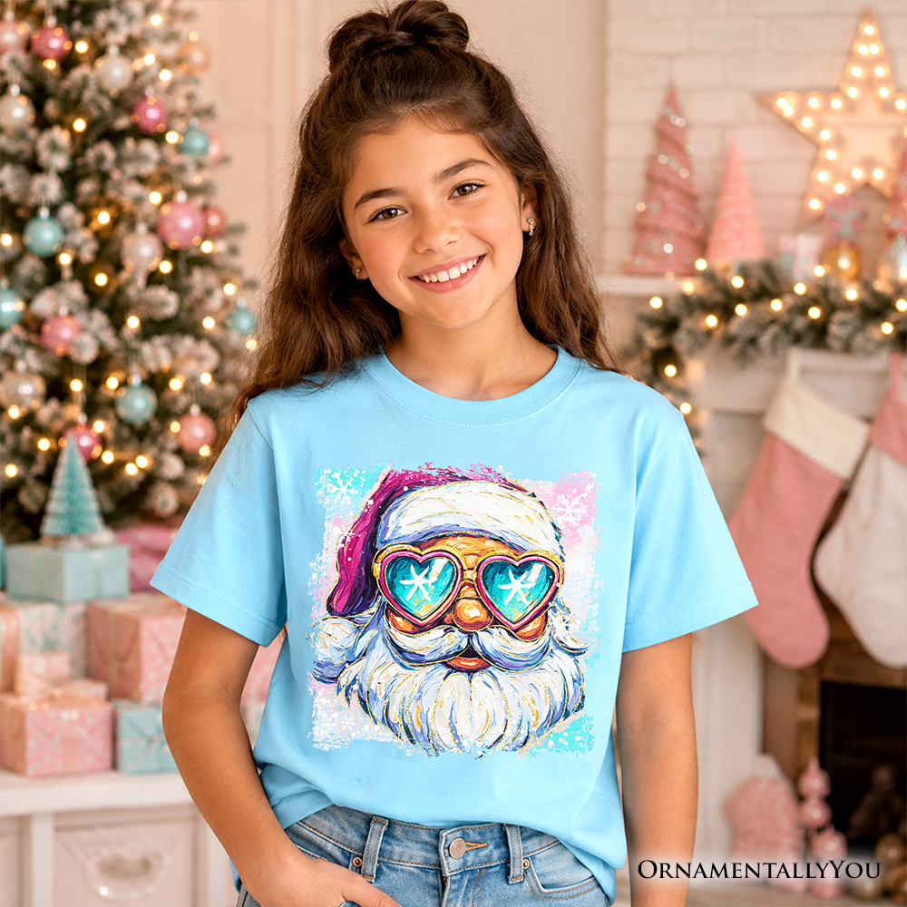 Kids Merry Christmas Santa Sunglasses Christmas T-Shirt, Funky Retro Holiday Youth Tee