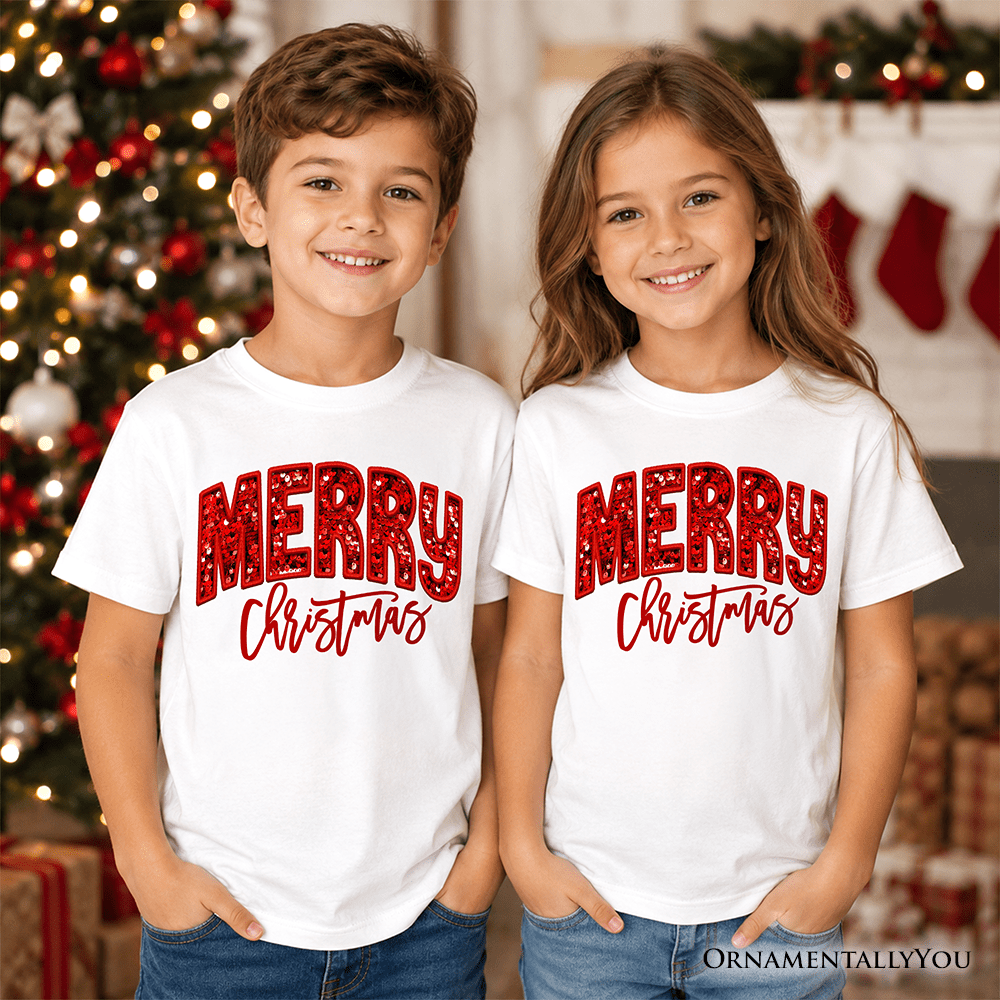 Kids Merry Christmas Sequin T-Shirt, Bold Red Glitter Youth Tee for Festive Holiday Season