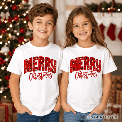 Kids Merry Christmas Sequin T-Shirt, Bold Red Glitter Youth Tee for Festive Holiday Season