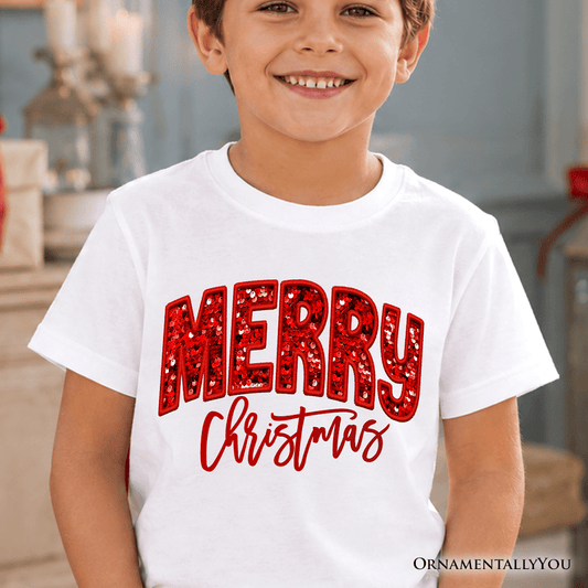 Kids Merry Christmas Sequin T-Shirt, Bold Red Glitter Youth Tee for Festive Holiday Season