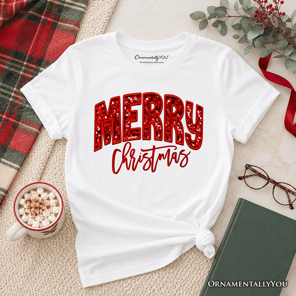 Kids Merry Christmas Sequin T-Shirt, Bold Red Glitter Youth Tee for Festive Holiday Season
