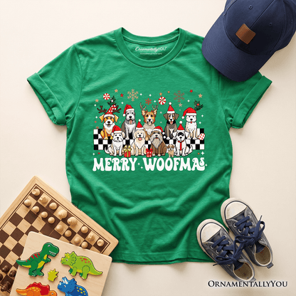 Kids Merry Woofmas Dog T-Shirt, Dogs With Santa Hats Christmas Youth Tee