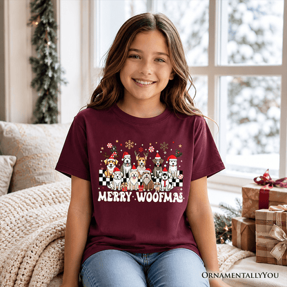 Kids Merry Woofmas Dog T-Shirt, Dogs With Santa Hats Christmas Youth Tee