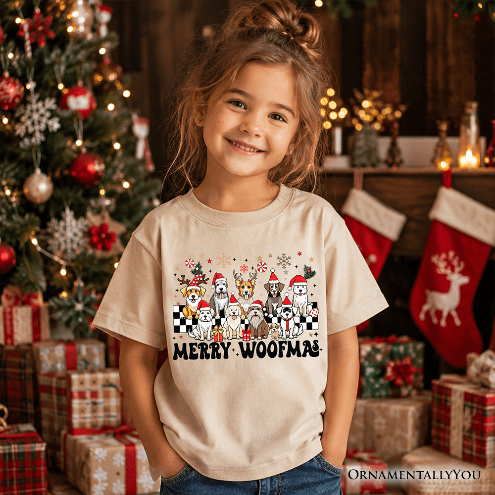 Kids Merry Woofmas Dog T-Shirt, Dogs With Santa Hats Christmas Youth Tee