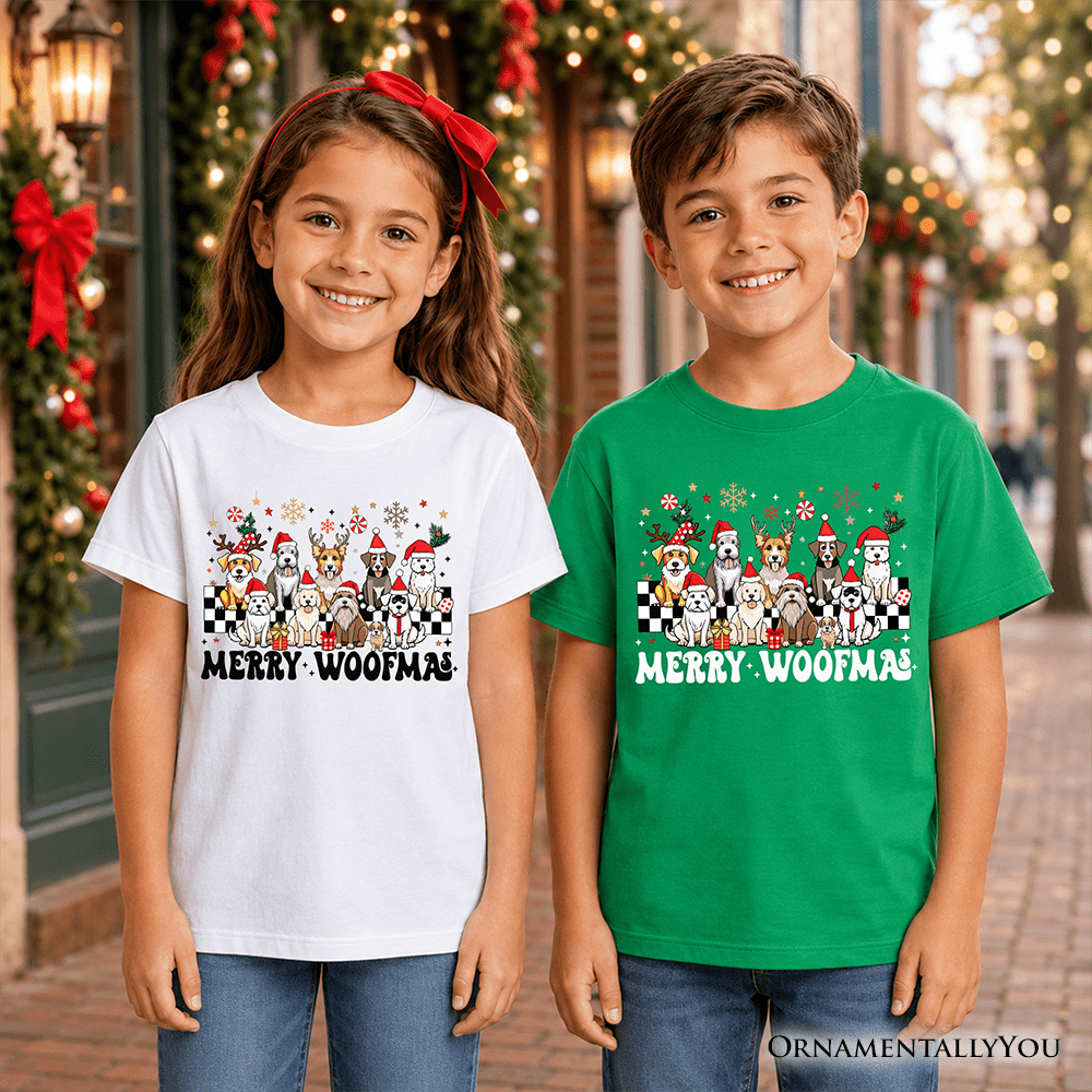 Kids Merry Woofmas Dog T-Shirt, Dogs With Santa Hats Christmas Youth Tee